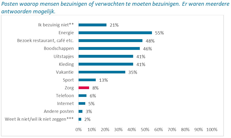 Posten waarop mensen bezuinigen of verwachten te moeten bezuinigen. Er waren meerdere antwoorden mogelijk.