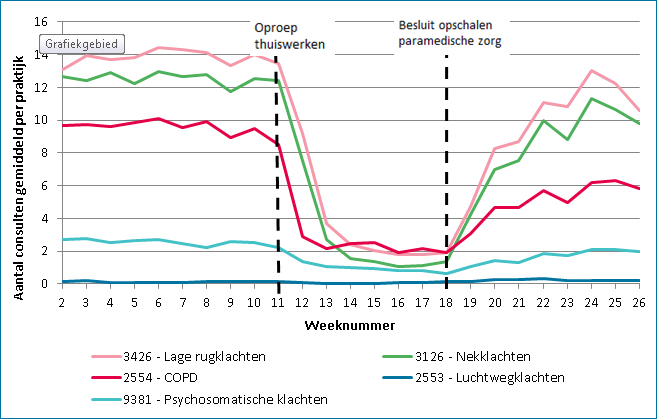 Gevolgen coronapandemie op gebruik fysiotherapiezorg voor verschillende aandoeningen.